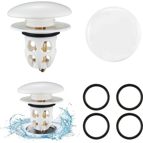 Lot de 2 bouchons d'évier universels blancs avec filtre anti-obstruction, filtre de vidange anti-blocage, bouchon de baignoire pour évier de cuisine, adapté aux trous de vidange de 34 à 40 mm. (1/5)