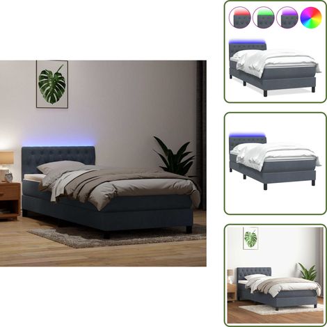 The Living Store Cama box spring con colchón y LED terciopelo gris oscuro 80x220 cm - Cama con luz LED