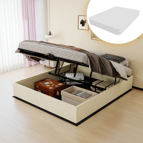 Cadre lit minimaliste moderne, 160200 cm, beige, velours hollandais, ressorts gaz, chambre moderne, sans tête lit, matelas inclus (1/5)