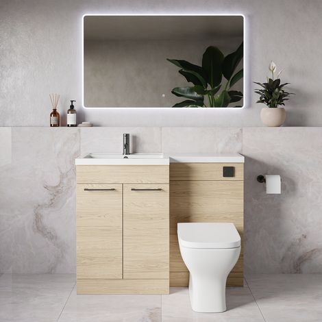 Napoli 390 Light Oak 1100mm 2 Door Vanity Unit Toilet Suite with Square Left Hand Lucia Basin - 1100mm - Gunmetal Grey 160mm HandleWith Kingston Toilet Pan and Seat
