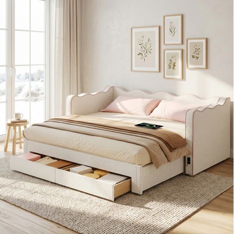 Lit banquette rembourré beige bouclé 90x200 cm, extensible 180x200, 2 tiroirs, ports USB et Type-C (1/5)