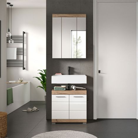 Meuble sous lavabo + armoire de toilette chêne brun et blanc - BRUK