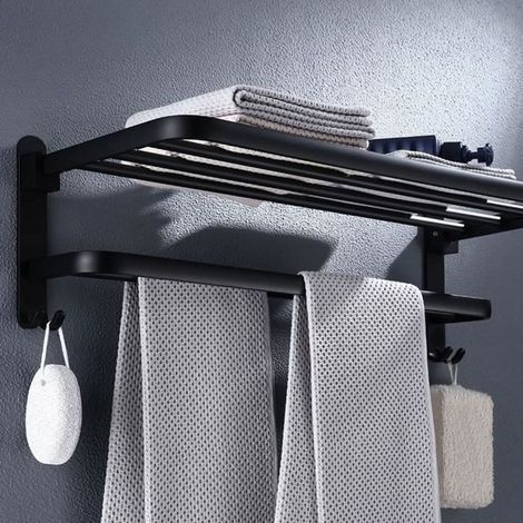 Porte Serviette Etagère Mural - noir pliable Hôtel salle bain Étiquette