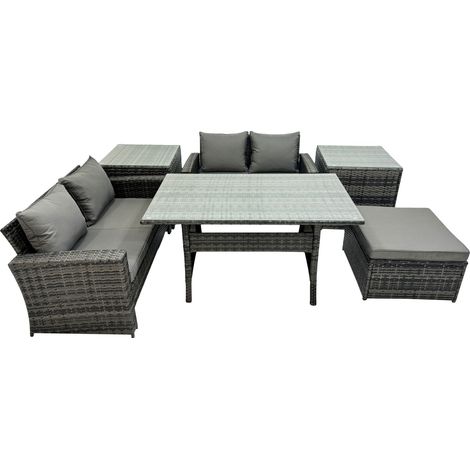 Fimous 5 Seater Wicker PE Rattan Furniture Outdoor Dining Table Double Seat Sofa 2 Side Table Big Stool Set Dark Grey Mixed (1/5)