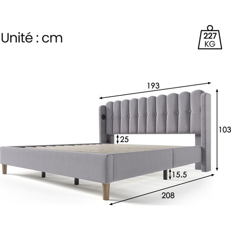 Letto Matrimoniale 180×200 cm con USB e Porta Tipo C, senza Materasso, in Lino, Grigio (1/4)