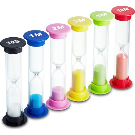 Sablier en 6 couleurs - Minuteur 30 sec / 1 min / 2 min / 3 min / 5 min / 10 min (lot de 6). Idéal pour les jeux en classe, à la maison ou au bureau. Minuteur pour brosse à dents pour enfants. (1/5)