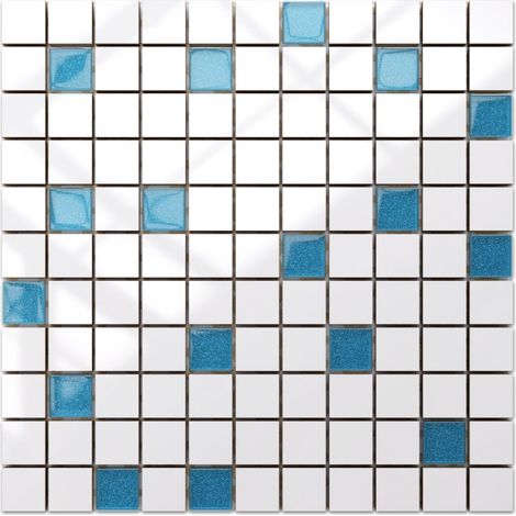 Ilcom mosaico in ceramica con inserti in vetro per bagno o cucina 30cm x 30cm - White-pale blue (1/5)