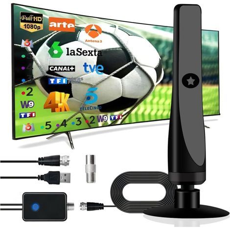 Antenne intérieure pour télévision, longue portée, puissante antenne TNT avec amplificateur, ventouses et câble coaxial pour chaînes locales HD 4K 1080p DVB-T DVB-T2 VHF UHF DTMB (1/5)