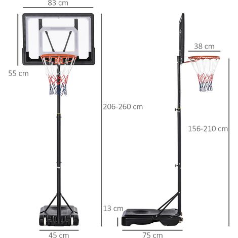 Support de basket extérieur réglable en hauteur pour enfants avec roues, noir, 83 x 75 x 206-260 cm, panier mobile et stable pour jeu en plein air (1/5)