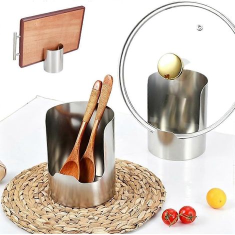 Porte-ustensiles de cuisine multifonctionnel organisateur comptoir acier inoxydable gain de place ouvert contient 2 couvercles casseroles (1/5)