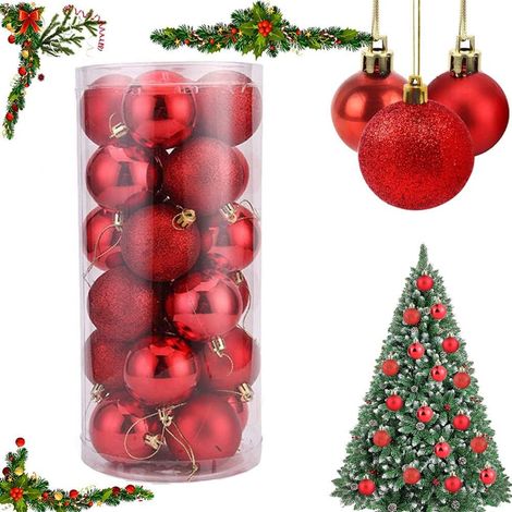 24 pcs Boule de Sapin de Noël,Boules de Noël,Boule de Décoration de Noël,Arbre Noël Boule de Sapin,Boule de Noël en Plastique(4cm)-rouge (1/5)
