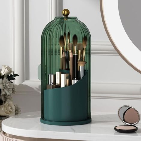 Support de pinceaux de maquillage avec couvercle, rotatif à 360 degrés, transparent, anti-poussière, organisateur de maquillage pour coiffeuse, salle de bain, plan de travail, vert (1/4)