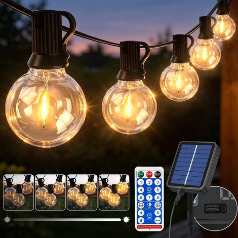 Guirlande Lumineuse Solaire 15M - 22 LED G40 - Plastique Incassable - 8 Modes avec Télécommande - Jardin Terrasse Fête - Blanc Chaud (1/5)