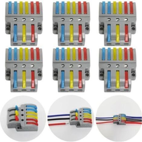 Bornes de Connexion, 6 Pcs Connecteur électrique avec levier de fonctionnement, Compact Borne de connexion électrique Automatique, 3 in 6 out, Avec vis de montage (1/4)