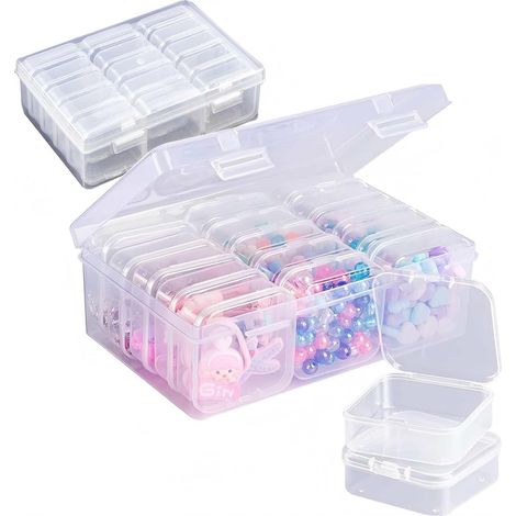 Lot de 2 boîtes de rangement – 32 boîtes de rangement transparentes pour perles avec couvercle à charnière pour le rangement d'art diamant, jouets, arts, artisanat, perles, petites pièces (1/5)