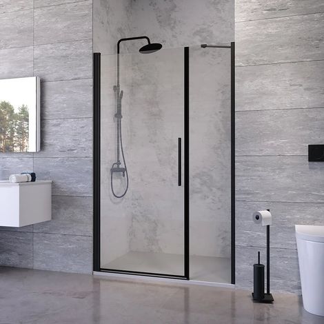 Porte de douche 116 120 cm à ouverture battante avec profilés noir mat et verre transparent 6 mm h195 Elba (1/4)