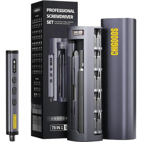 Chigoods 78-in-1 Präzisions-Elektroschraubendreher-Set mit 72 magnetischen Bits elektrowerkzeuge set, On-Screen-Display, 5 Drehmomenteinstellungen, für Smartphone, Laptop und Kamera