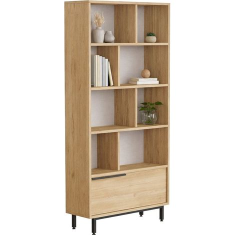 Bücherregal Seneghe, Bibliothek 8 Böden, 1 Tür, freistehend, 84x30x176h cm, Braun Eiche