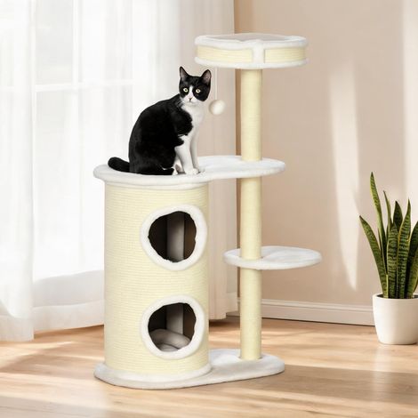 Arbre à chat blanc cassé avec griffoir sisal et hamac (1/5)