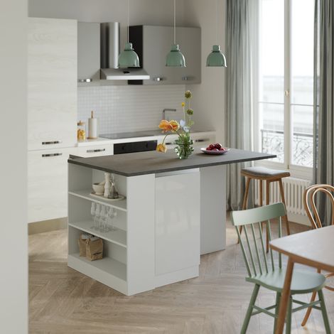 Ilot de cuisine moderne 160 cm blanc brillant/béton Solena (1/5)