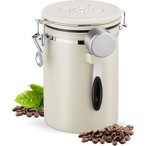 Barattolo per caffè in grani con chiusura ermetica, contenitore da 2,8 litri con cucchiaio, in acciaio inox con indicatore della data. (1/5)