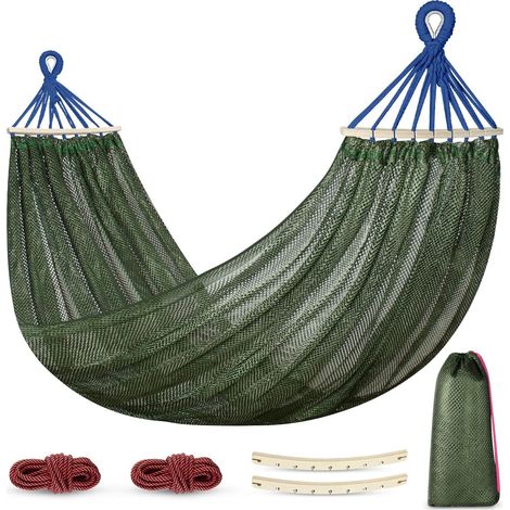 Atmungsaktive Outdoor-Hängematte aus Nylon-Netzgewebe mit Holzstangen und Tragetasche, 290 cm x 150 cm, grün, für Camping, Strand und Garten