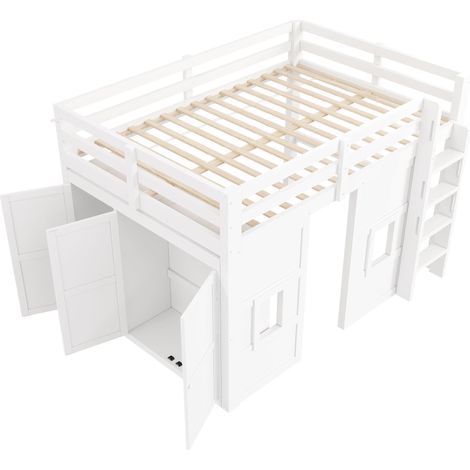 CAIziLit superposé bois 140x200 avec armoire, 2 fenêtres et LED, blanc (1/5)