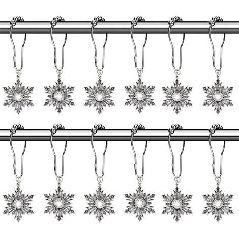 Lot de 12 anneaux de rideau de douche décoratifs en forme de flocons de neige avec crochets en acier inoxydable antirouille et pendentif en acrylique brillant et mignon (1/4)