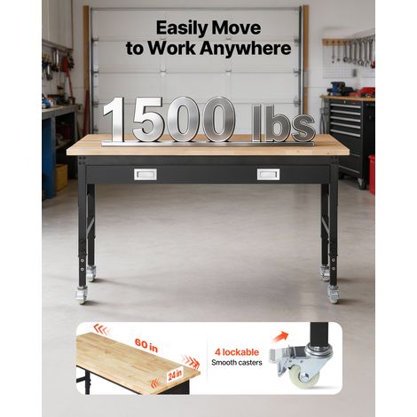 Établi Atelier sur Roulettes 152,4x61 cm Établi Garage Réglable en Hauteur 76-101 cm Table Travail Charge 680 kg pour Bricolage Bur… (1/5)