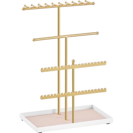 Porte-Bijoux à 3 Niveaux avec Plateau en Velours, Support en Métal, 21 x 12 x 30 cm, Or et Beige (1/5)