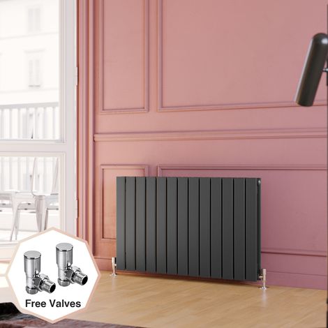 ELEGANT 600 x 988 mm Anthracite Horizontal Radiator Double Column Flat Panel Central Heating Designer Bathroom Radiators With Angled Radiator Valves (1/5)