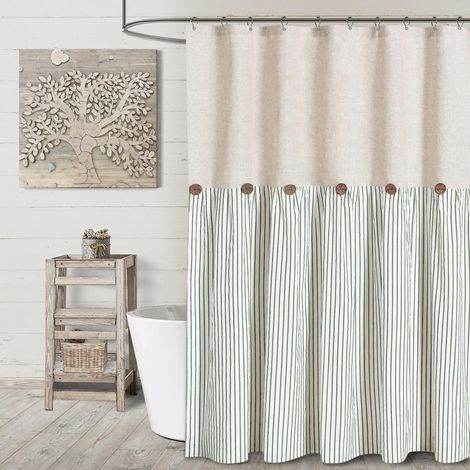 Rideau de douche à boutons style ferme, lin et polyester avec œillets, pour salle de bain et salon, vert, 183 x 183 cm (1/5)