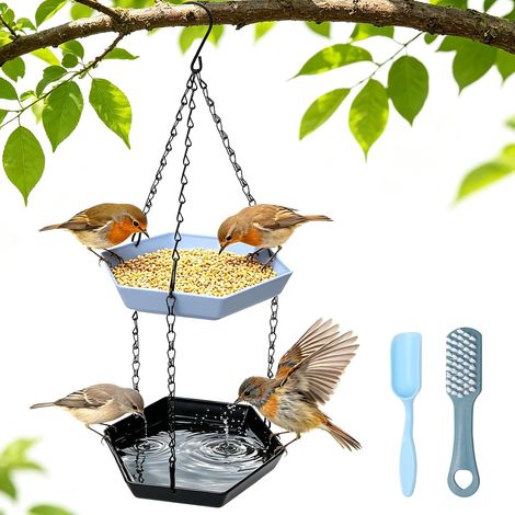 Abreuvoir à oiseaux suspendu à deux niveaux et distributeur de nourriture pour balcon, jardin et tronc, bain d'oiseaux à suspendre, mangeoire pour bain, boire et s'asseoir (1/5)