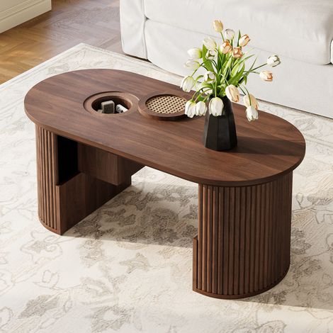 Mesa de centro de MDF efecto nogal 105 x 50 x 46,5 cm, ovalada con almacenaje (1/5)