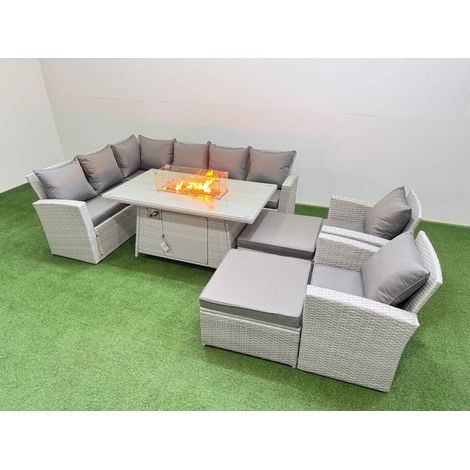 Fimous Outdoor Furniture Garden Dining Set Rattan Corner Sofa Chair Sets Gas Fire Pit Table with Temper Glass Footstools 10 Seater Light Grey Mixed (1/5)