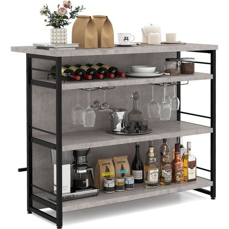 COSTWAY Industrial Home Bar Unit 4-Tier Liquor Bar Cabinet w/Open Shelves-Grey (1/5)