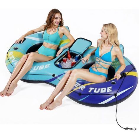 EcoFurnix-Gonfiabile doppio per adulti-238 x 131 cm Materasso gonfiabile-Feste in piscina e giochi acquatici-Strisce Blu (1/5)