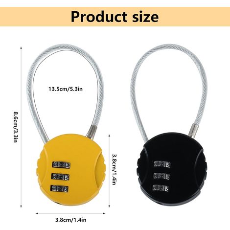2 cadenas à combinaison 3 chiffres réinitialisables, câble, pour valise/voyage/casier, avec 2 codeurs.