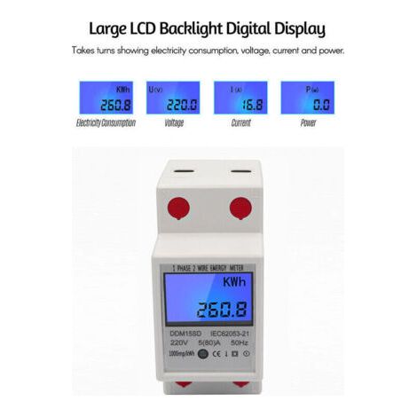 NALOOKAMIC Compteur EDF Compteur d'énergie monophasé à rail DIN 5-80A 220V 50Hz compteur électronique de KWh avec affichage numérique à rétroéclairage LCD DDM15SD, blanc - blanc-- (1/3)