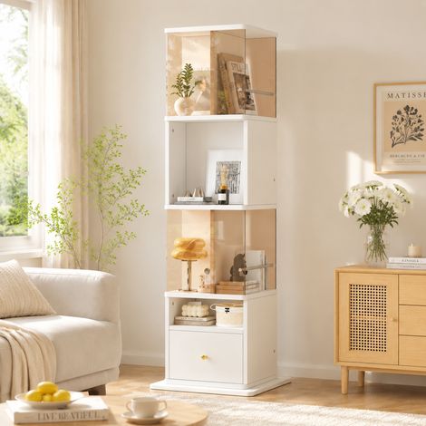 Bibliothèque rotative 50x50x160 cm, vitrine tournante à 360°, avec verre trempé marron et LED, style moderne, pour salon et bureau, blanc (1/5)