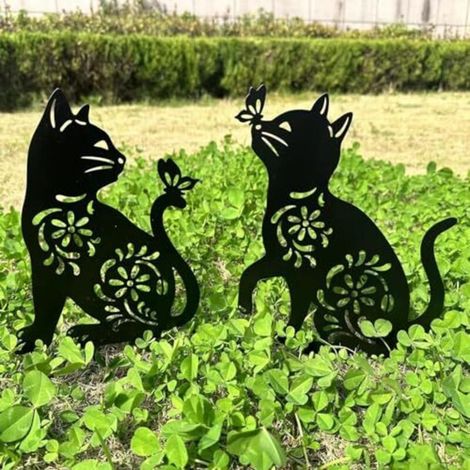 Set mit 2 dekorativen Metall-Gartensteckern für Hof, Garten, Rasen, Außendekorationen für Katzenliebhaber (Schwarze Katze)