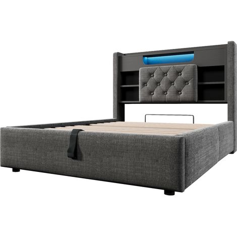 Cama tapizada 90x200 cm con arcón hidráulico, LED, USB/USB-C, cabecero con estante, gris (1/5)