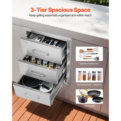 Tiroirs de Cuisine d'Extérieur 40 x 45 x 55 cm, Tiroirs de Barbecue à Triple Accès avec Poignée en Acier Inoxydable, Tiroirs de l'Îlot BBQ pour Cuisines d'Extérieur, Station de Gril de Patio (1/5)