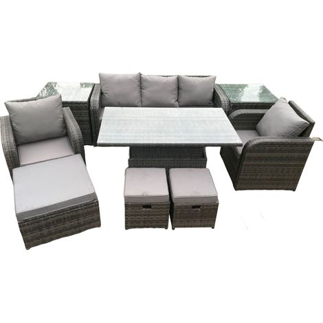 Fimous Meubles d'extérieur en rotin Canapé Jardin Salle à manger Set Table élévatrice réglable en hauteur Set de chaises avec 2 tables d'appoint 3 repose-pieds (1/5)