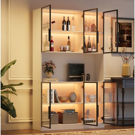 Vitrina alta 120x34x200 cm, con 6 puertas, iluminación LED, puertas de cristal, MDF blanco (1/5)