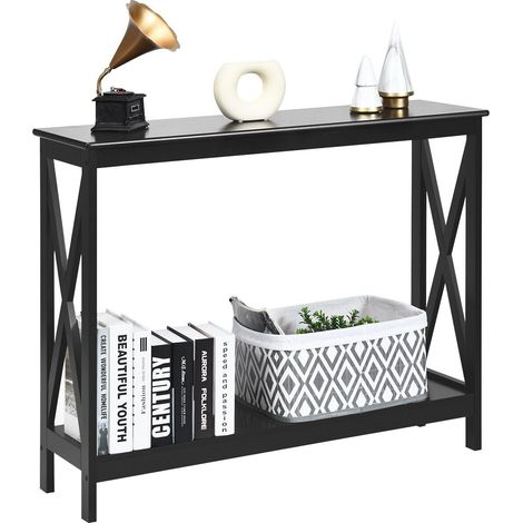 COSTWAY 2-Tiers Console Side Table, X-Shaped PC Computer Writing Desk , Living Room Entryway Hallway Narrow End Sofa Tables (Black) (1/5)