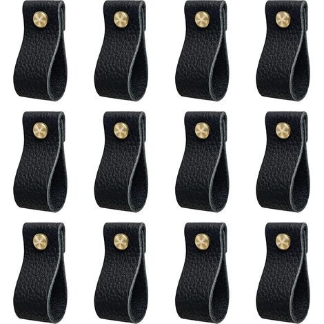 Poignee de meuble cuisine, lot de 12 poignée meuble en cuir, poignée de porte avec écrous vis, anti-collision bouton de porte de armoire tiroir commodes, Beau cadeau, noir (1/5)