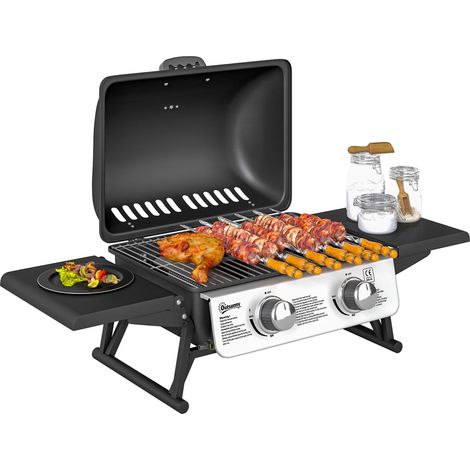Barbecue à gaz portable de table, deux brûleurs, 5,6 kW, avec grille latérale et couvercle, noir., idéal pour le camping, les pique-niques et les repas en plein air (1/5)