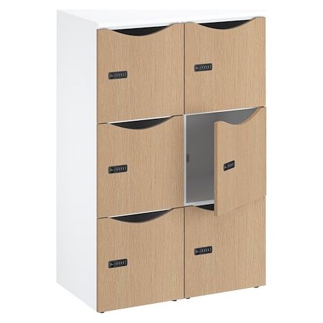 Casier de bureau Lockers 6 cases - Corps blanc, portes chêne clair - H 132,9 cm - Maxiburo