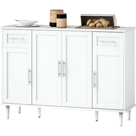 Crédence buffet bois 2 tiroirs 3 armoires étagères réglables blanc 120x38x86 cm